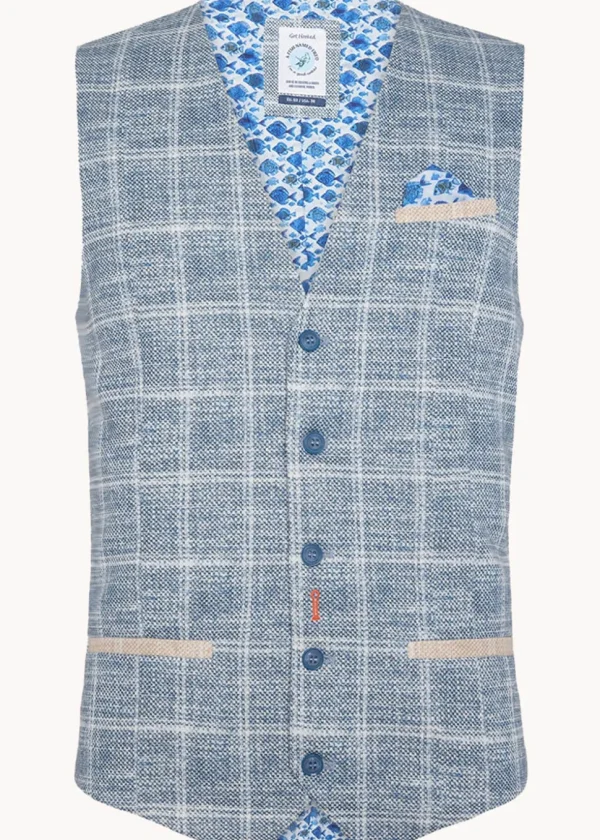 A Fish Named Fred Travel Check Waistcoat Cobalt Blue