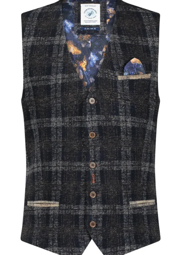 A Fish Named Fred Wool Check Waistcoat Brown