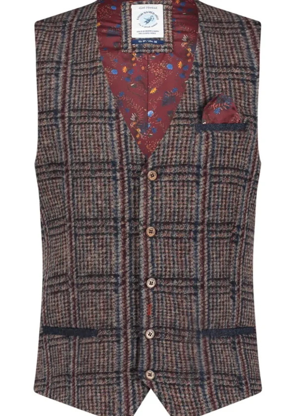 A Fish Named Fred Wool Small Check Waistcoat Brown