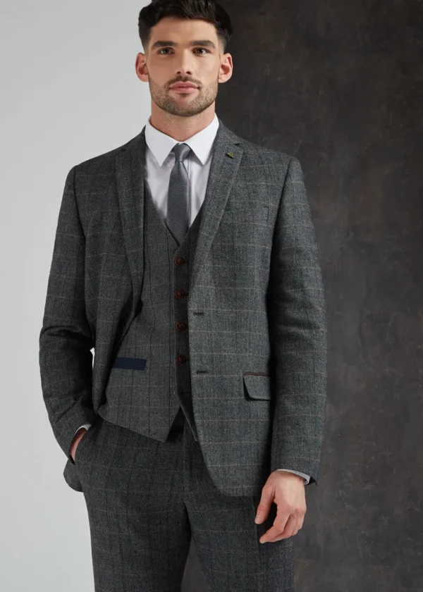 Antique Rogue Mens Emerson Herringbone Waistcoat Grey Blue