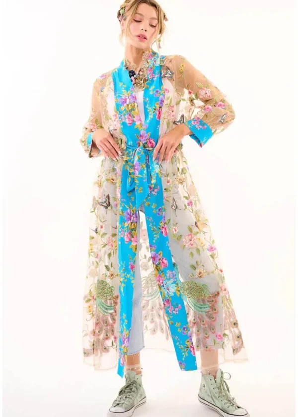Aratta Garden of Eden Birds Butterfly Mesh Duster Peacock