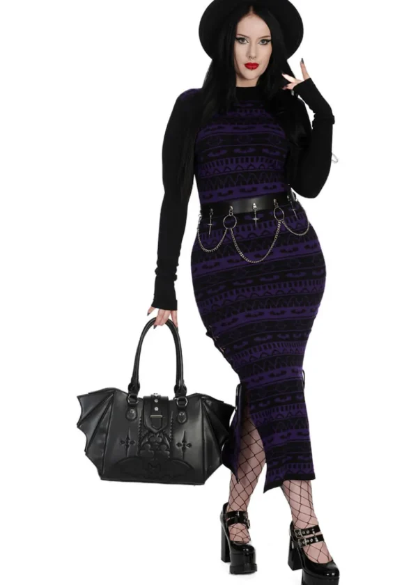 Banned Alternative Bat Bone Knit Dress Back Purple