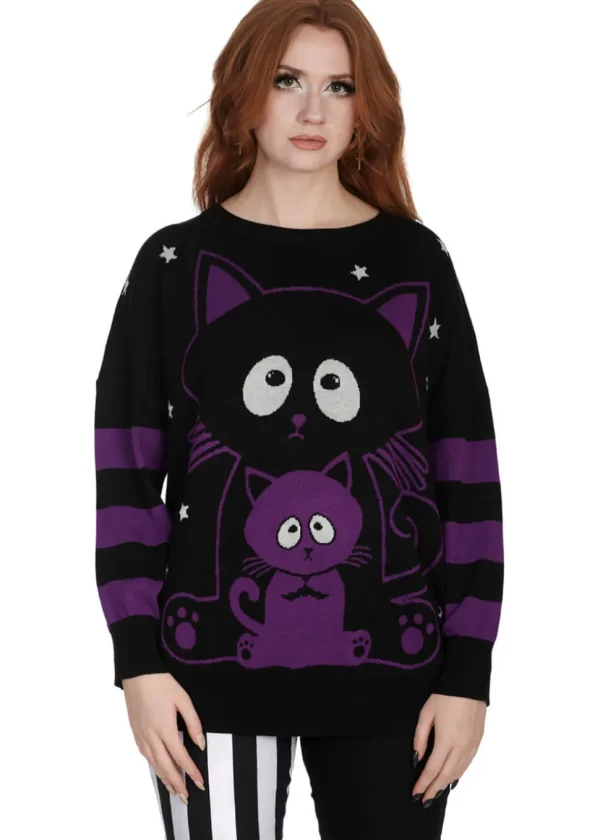 Banned Alternative Momo Cats Sweater Black Violet