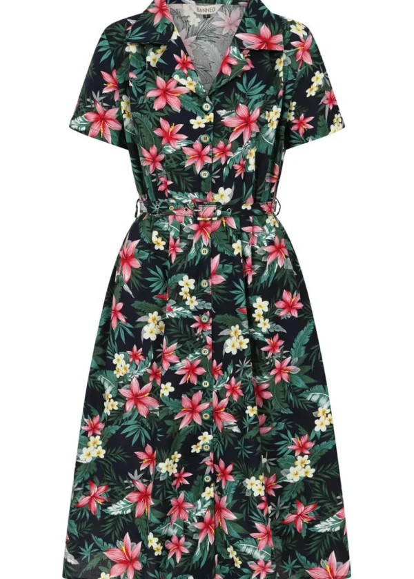 Banned Kate Tropical 40's Dress Navy