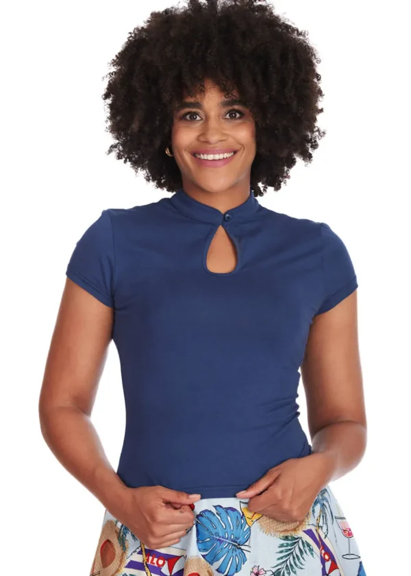 Banned Mandarin Collar 40's Top in Navy