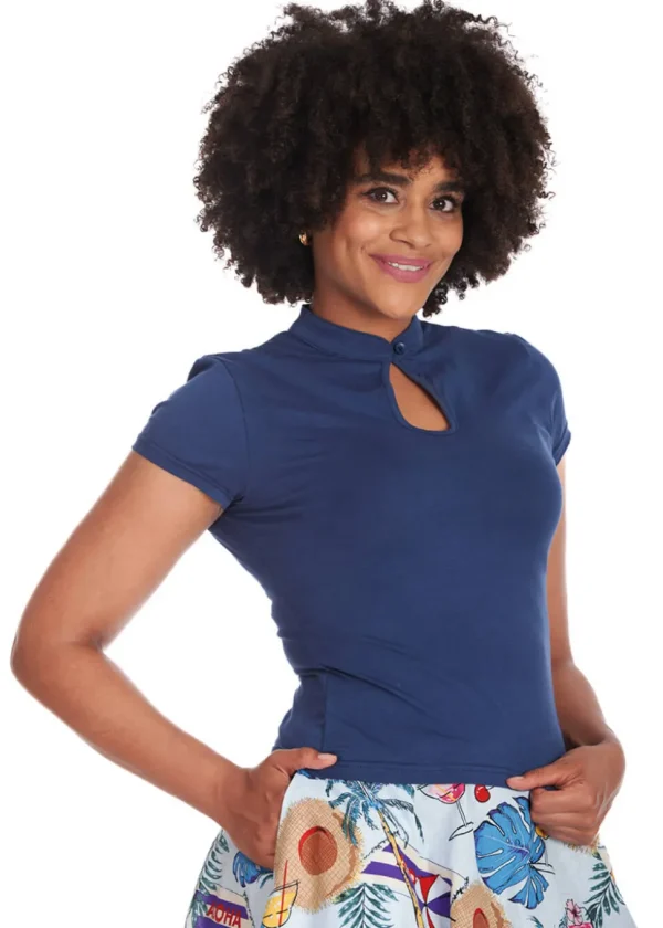 Banned Mandarin Collar 40's Top in Navy