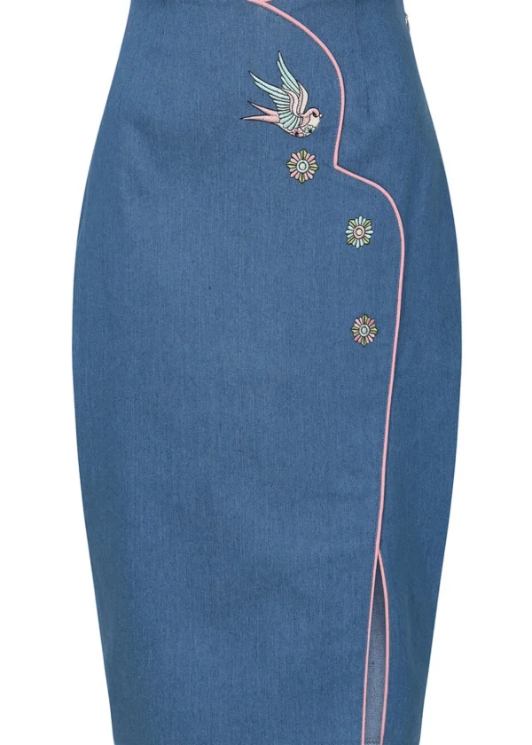 Banned Millie Swallow Denim 50's Pencil Skirt Blue