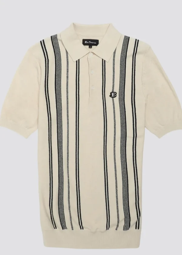 Ben Sherman Crinkle Cotton Stripe Polo Ivory