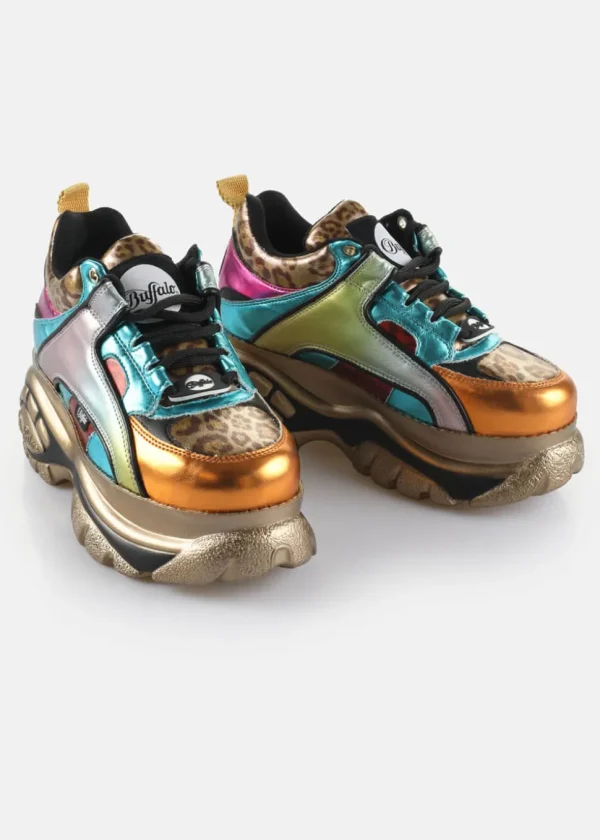 Buffalo London 1339-14 Rev Vegan Platform Sneakers in Pink Aqua Orange Leo