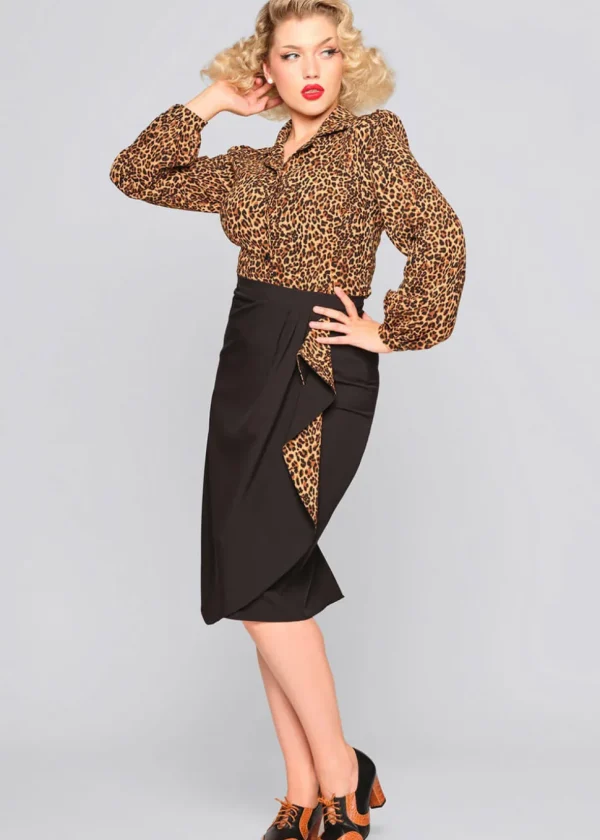 Collectif Anita Leopard Waterfall 50's Pencil Skirt Black