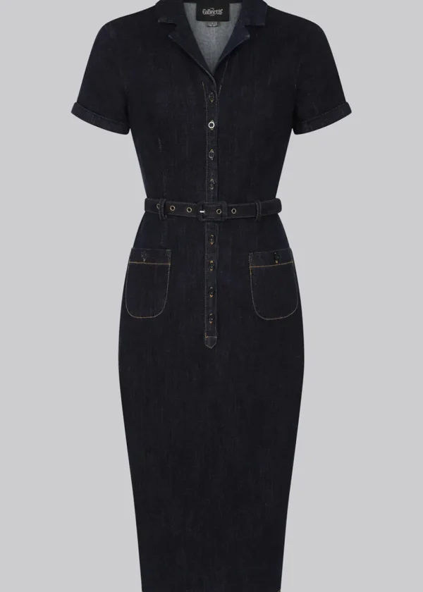Collectif Caterina Denim 50's Pencil Dress Navy