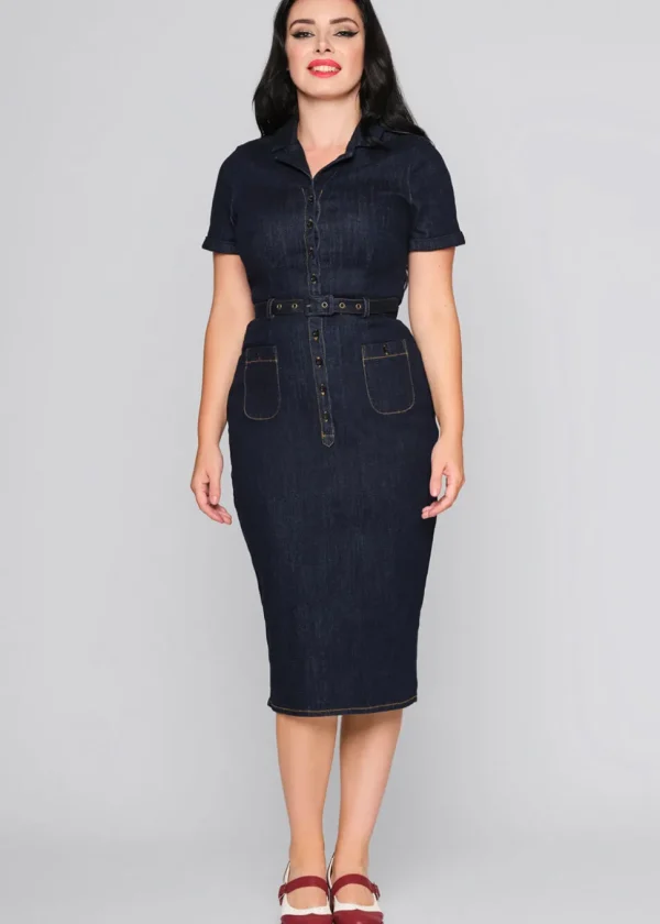 Collectif Caterina Denim 50's Pencil Dress Navy
