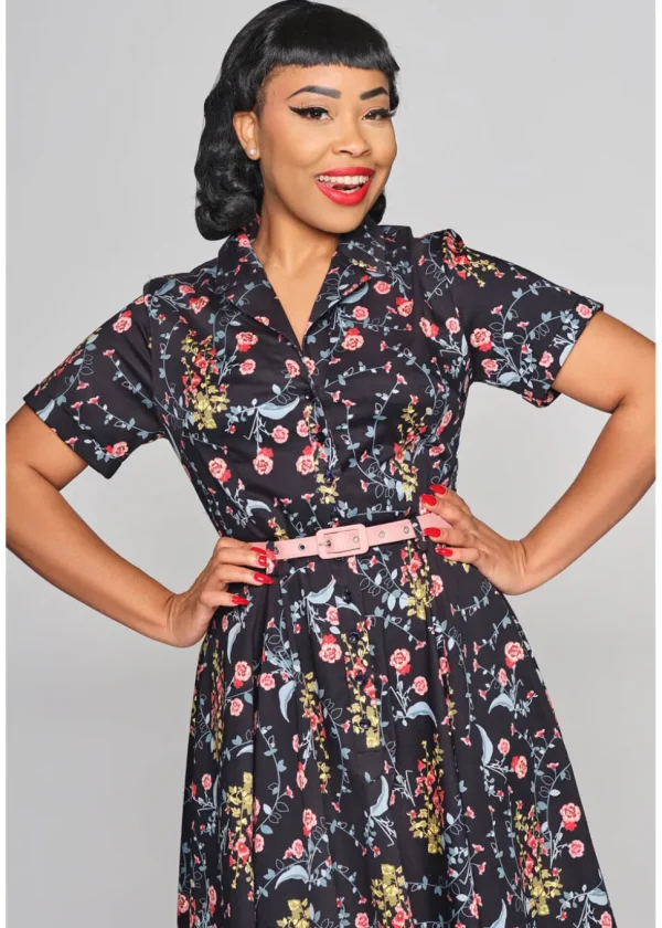 Collectif Caterina Hollyhocks Hooray Cherryblossom 40's Swing Dress Navy
