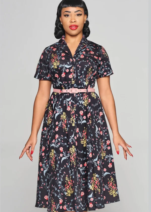 Collectif Caterina Hollyhocks Hooray Cherryblossom 40's Swing Dress Navy