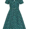 Collectif Caterina Jewel Polka 50's Swing Dress Green