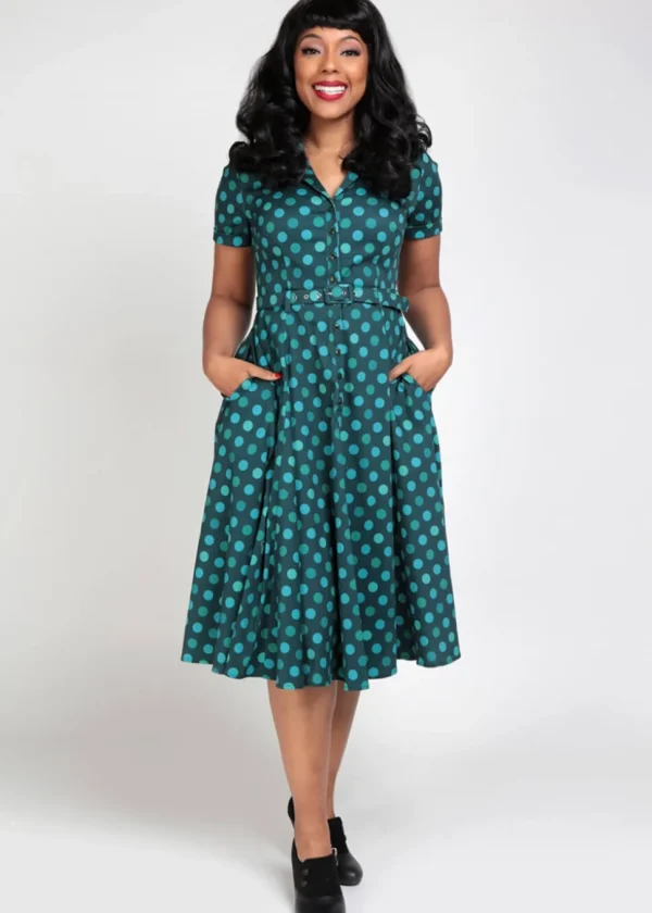 Collectif Caterina Jewel Polka 50's Swing Dress Green