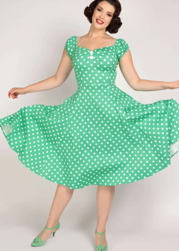 Collectif Dolores Classic Polka 50's Swing Dress Green White