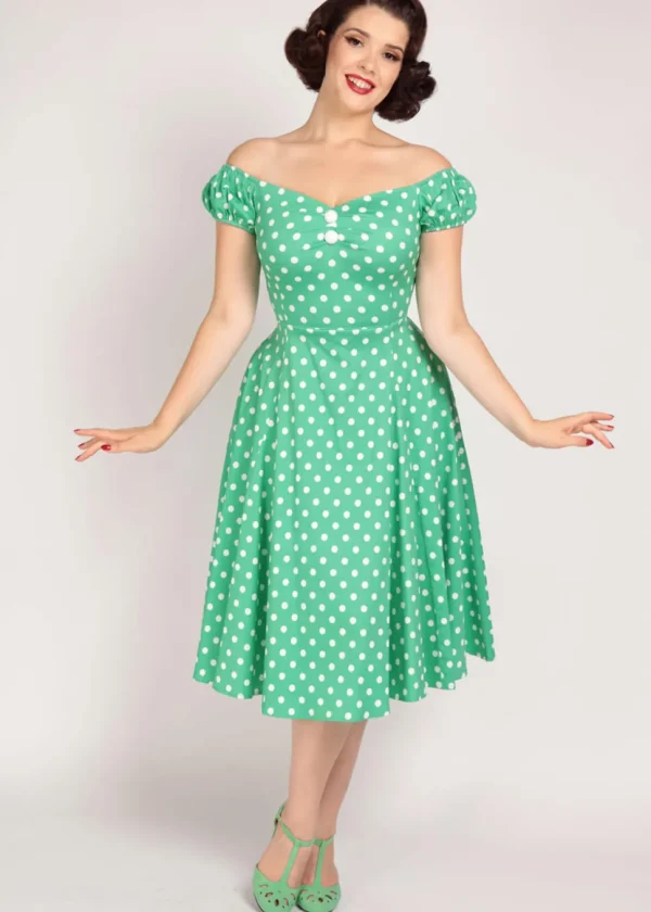 Collectif Dolores Classic Polka 50's Swing Dress Green White