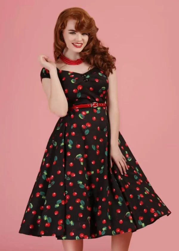 Collectif Dolores 50's Cherry 50's Swing Dress Black
