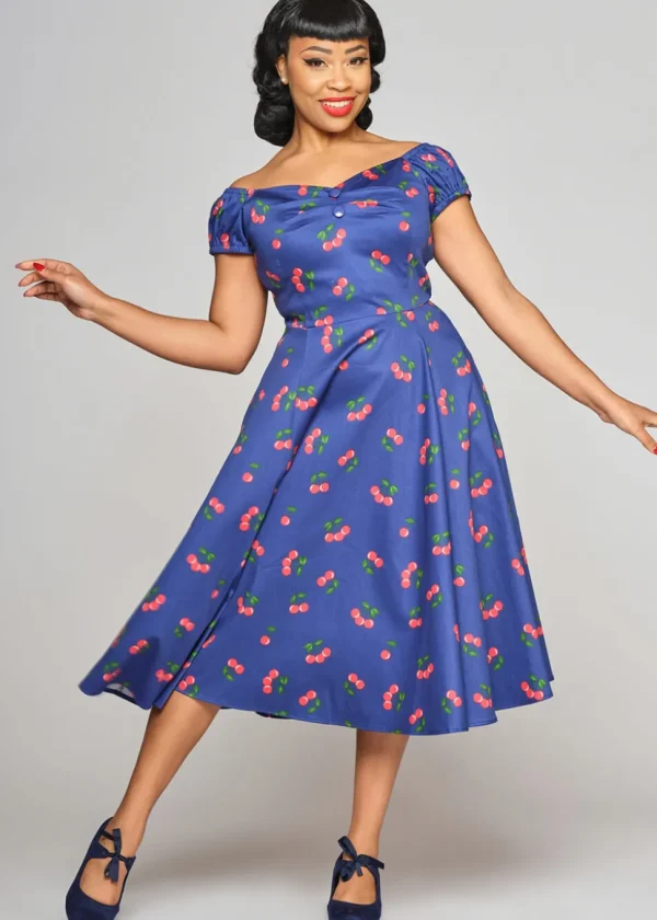 Collectif Dolores 50's Cherry Swing Dress Navy
