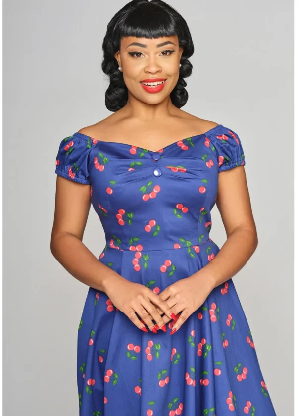 Collectif Dolores 50's Cherry Swing Dress Navy