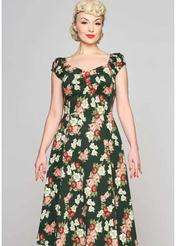 Collectif Dolores Vintage Bloom 50's Swing Dress Green