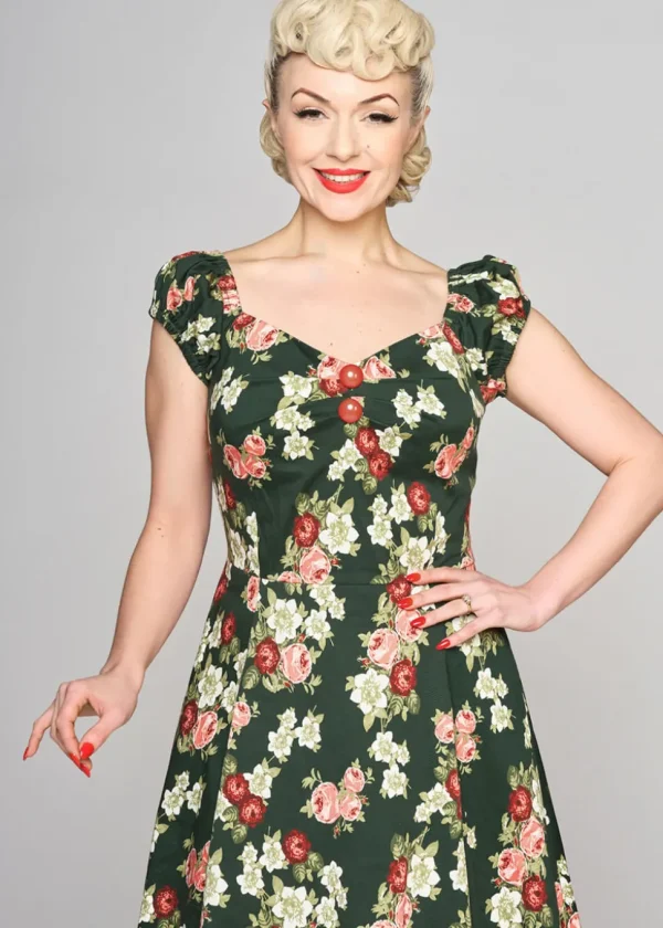 Collectif Dolores Vintage Bloom 50's Swing Dress Green