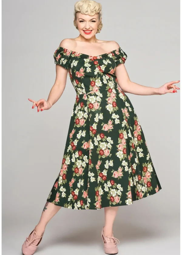 Collectif Dolores Vintage Bloom 50's Swing Dress Green