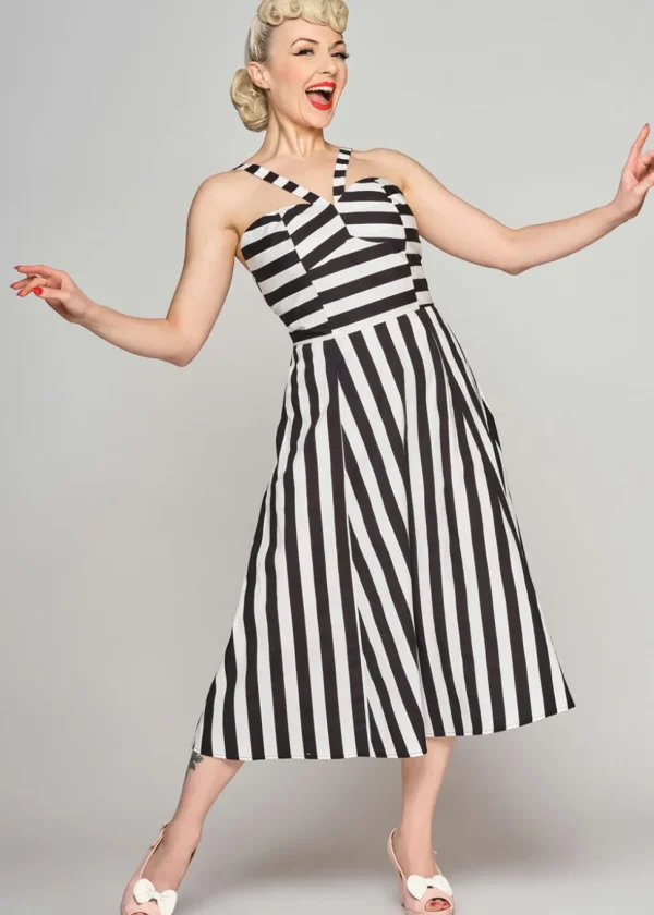 Collectif Emma Contrast Stripe 50's Swing Dress Black White