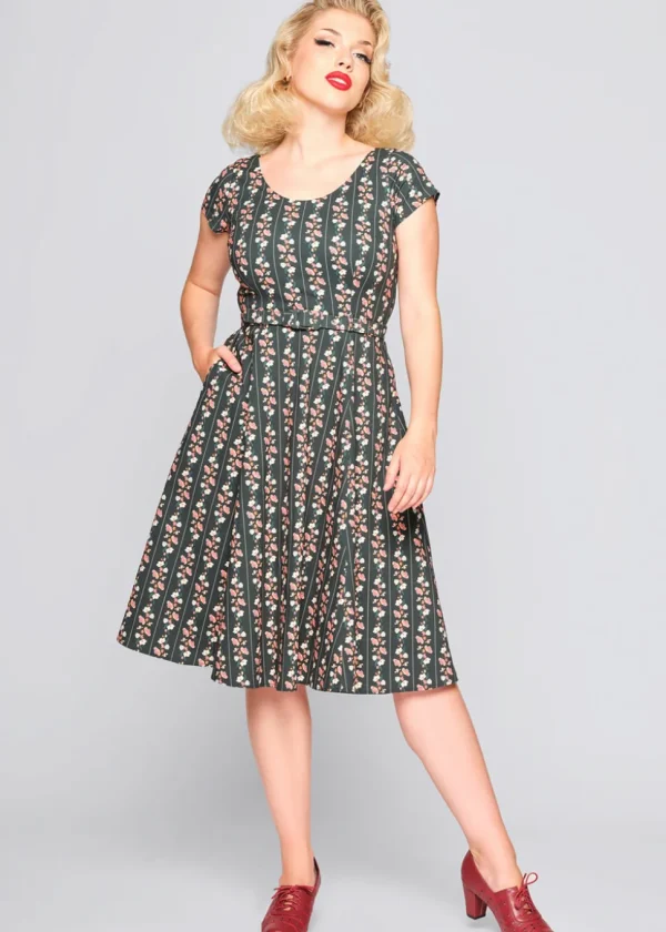 Collectif Fatima Wallflower Flared 50's Swing Dress Green