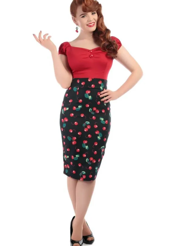 Collectif Fiona 50's Cherry Pencil Skirt Black Red Multi