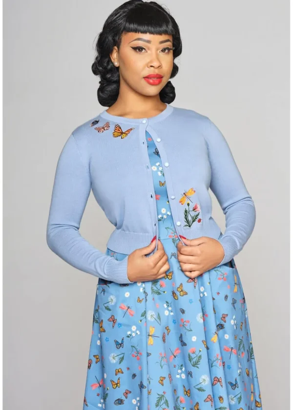 Collectif Jessie Butterfly Fields 40's Cardigan Light Blue