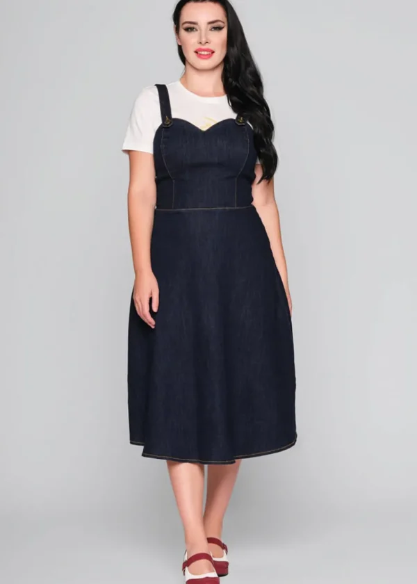 Collectif Jupiter Denim Pinafore 50's Swing Dress Navy