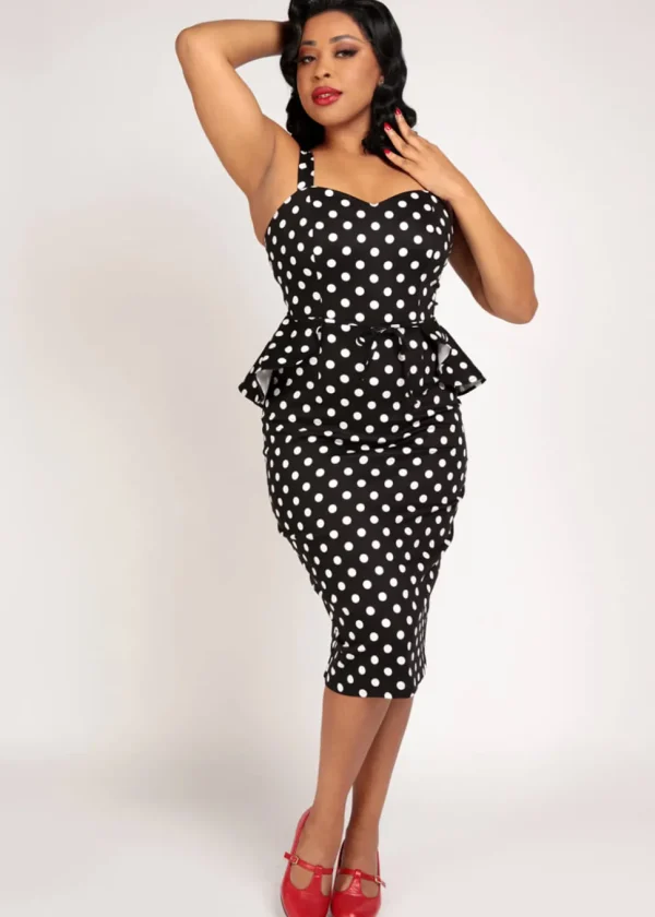 Collectif Lilla Polka 50's Peplum Pencil Dress Black White