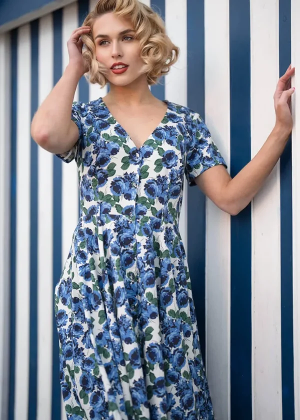 Collectif Shana Pretty Roses 50's Swing Dress White Blue