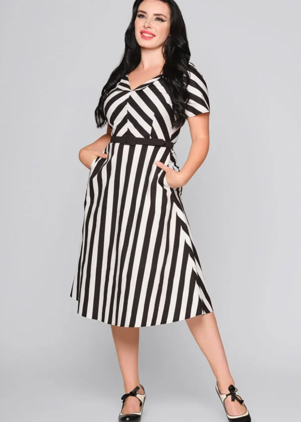 Collectif Valeria Striped 40's Swing Dress Black White