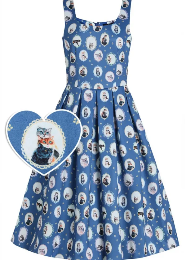 Dolly & Dotty Amanda Cat In the Mirror 50's Swing Dress Blue