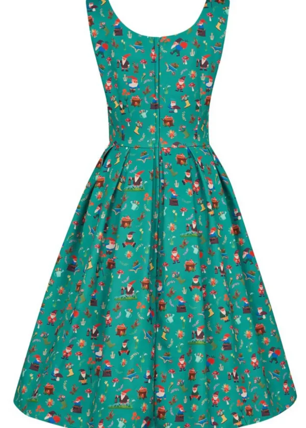 Dolly & Dotty Amanda Garden Gnome Circle 50's Swing Dress Green
