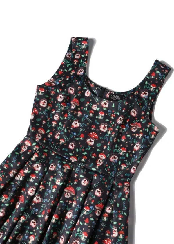 Dolly & Dotty Amanda Hedgehog Mushroom 50's Swing Dress Black