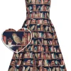 Dolly & Dotty Amanda Library Book Owl 50's Swing Dress Brown