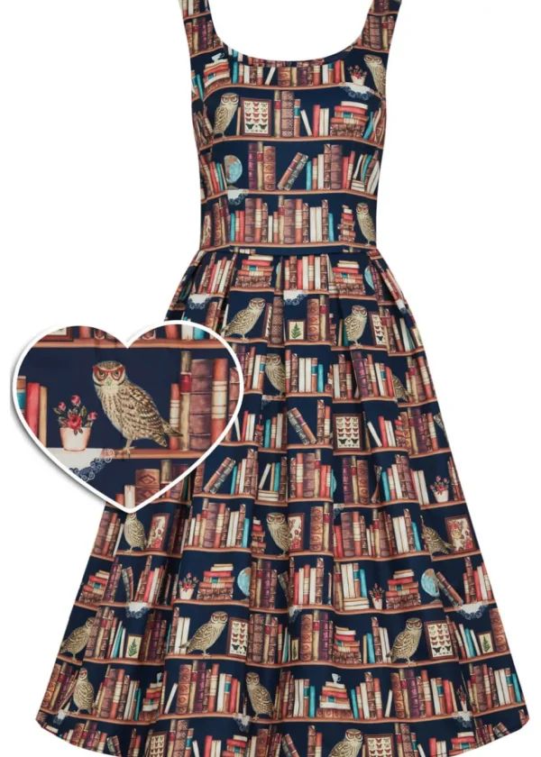 Dolly & Dotty Amanda Library Book Owl 50's Swing Dress Brown