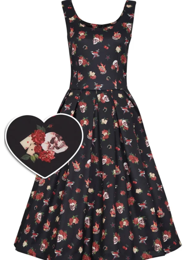 Dolly & Dotty Amanda Rockabilly Skull Rose 50's Swing Dress Black