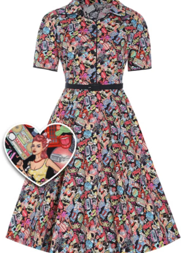 Dolly & Dotty Penelope Cartoon Pop Art 50's Swing Dress Black