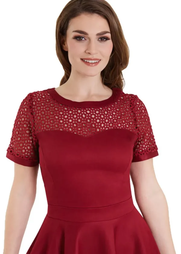 Dolly & Dotty Tess Embroided 50's Swing Dress Burgundy