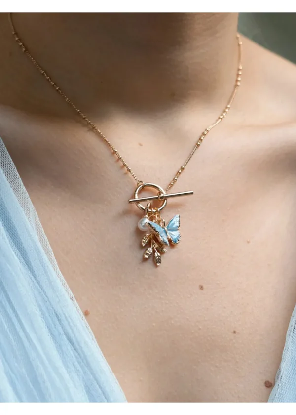 Fable England Butterfly & Leaf Charm Necklace Blue