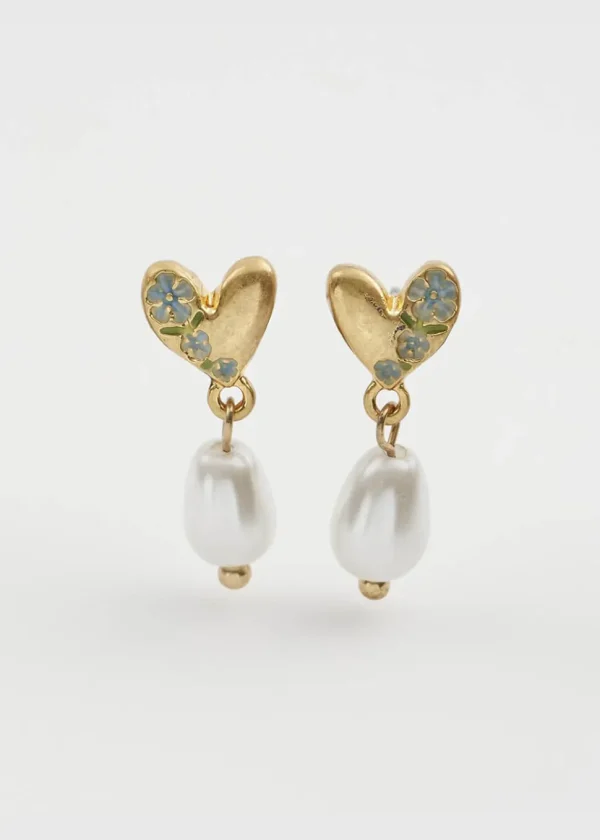 Fable England Forget-Me-Not Heart & Pearl Earrings Blue