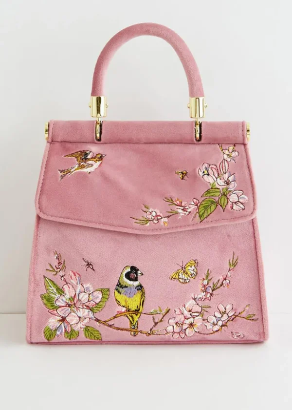 Fable England Morning Song Bird Velvet Bag Pink