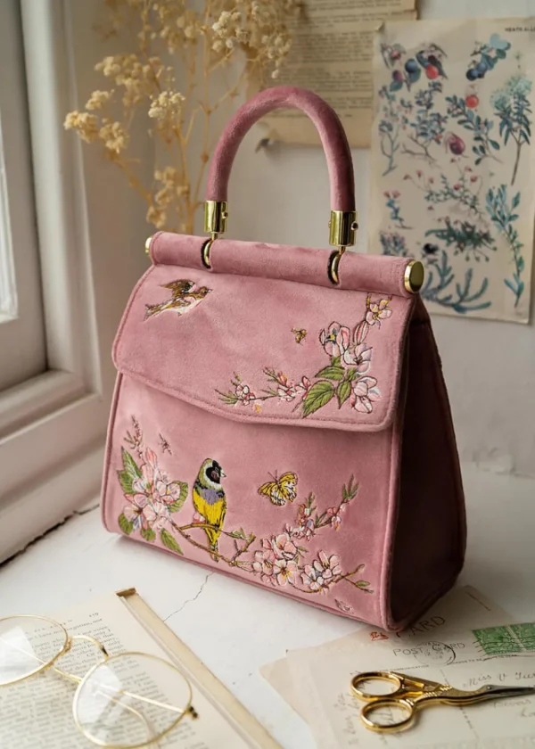 Fable England Morning Song Bird Velvet Bag Pink