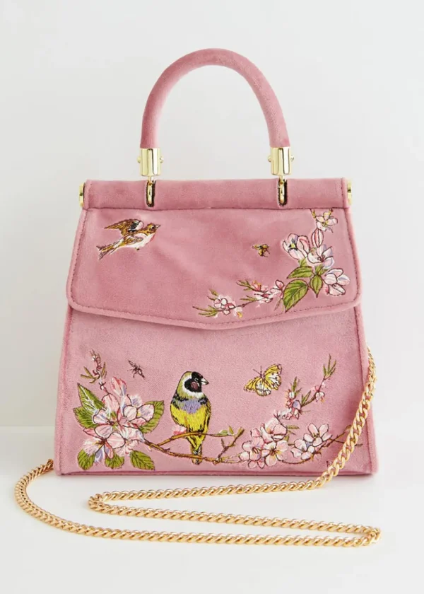 Fable England Morning Song Bird Velvet Bag Pink