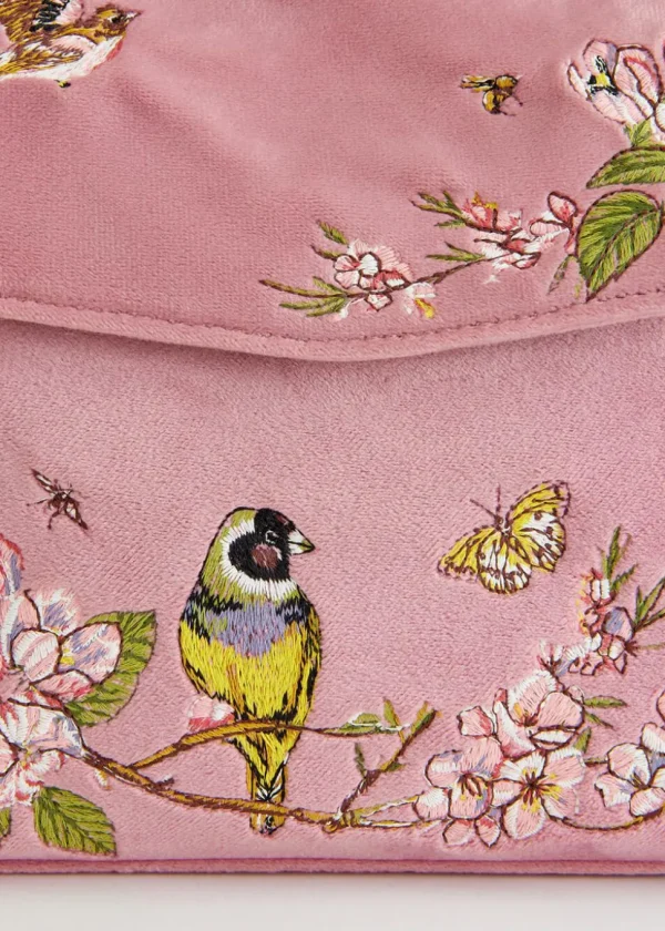 Fable England Morning Song Bird Velvet Bag Pink